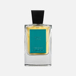 Perfume bottle with teal label on a white background